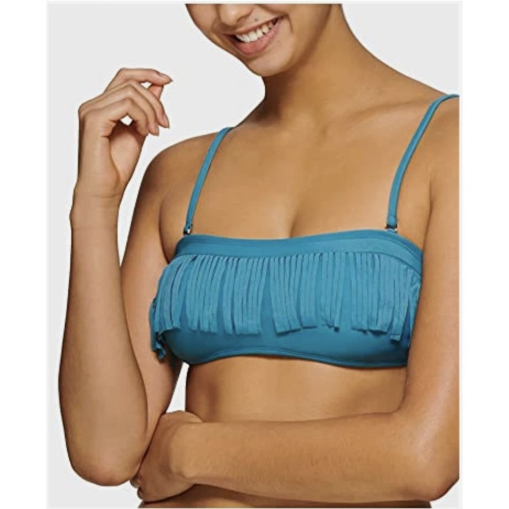 Hula Honey Swim Top M Fringe Bandeau Blue Bikini Adjustable NWT